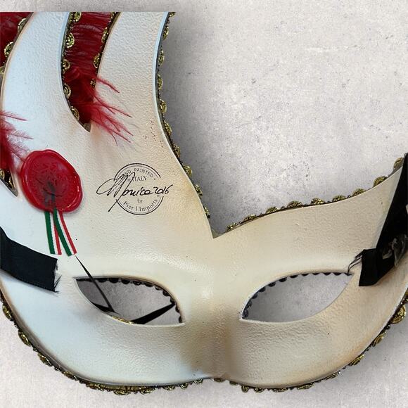 Pier 1 Venetian Masquerade Mask Red Feather Gold Baroque Mardi Gras Costume - Picture 4 of 5